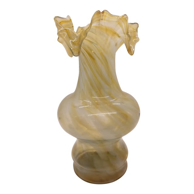 Vintage Swirl Colored Ruffled Edge Art Glass Vase For Sale