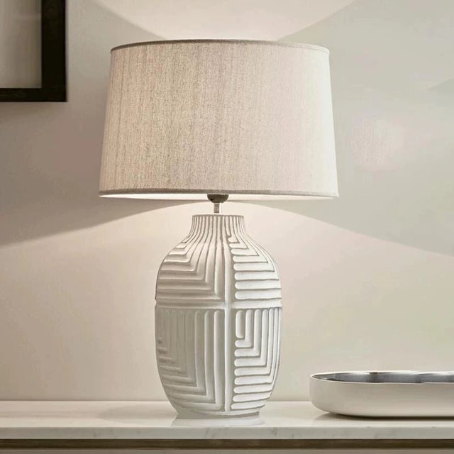 Art Deco Textured Ceramic & Linen Lamp For Sale - Image 3 of 5