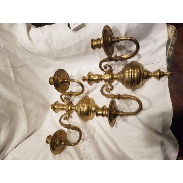 Early 20th Century Vintage Heavy Brass Colonial Style Candle Sconces For Sale - Image 5 of 6