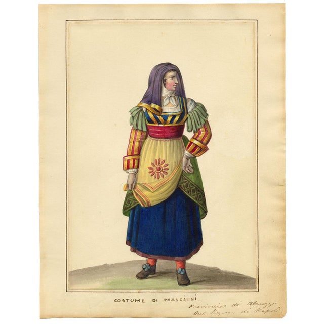 Michela De Vito, Costume of Masciuni, Province of Abruzzo in the Kingdom of Naples, 1800s, Watercolour For Sale - Image 3 of 7