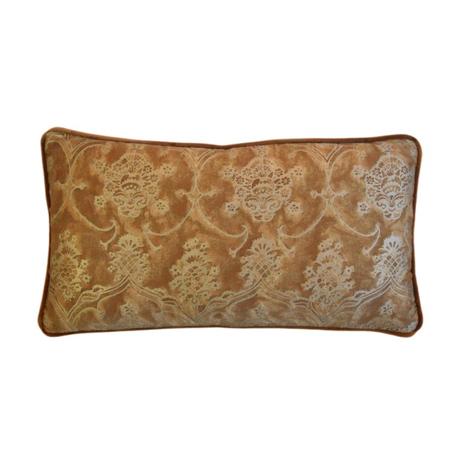 Custom-tailored pillow in Italian designer Mariano Fortuny's premium cotton fabric called "Veronese” in a rich brown and...