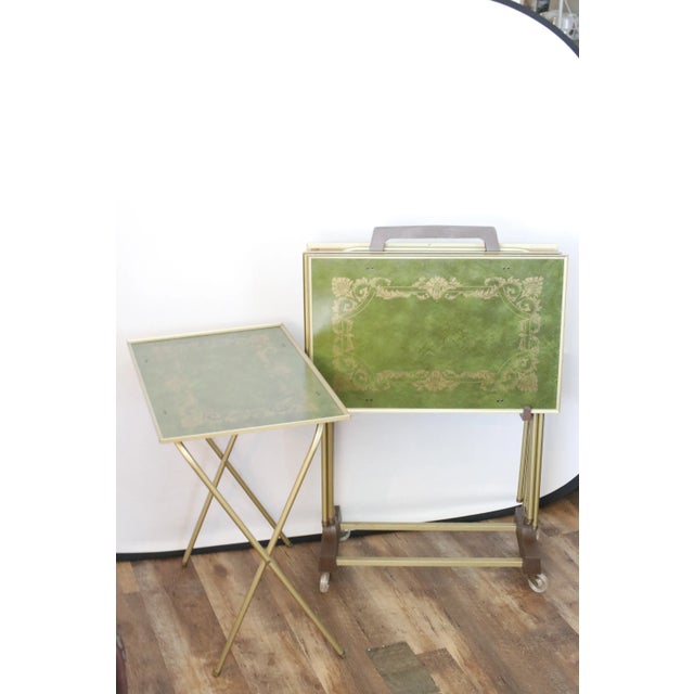 Mid 20th Century Mid-Century Green and Gold English Regency Design 1960s Tray Tables With Rolling Stand For Sale - Image 5 of 17