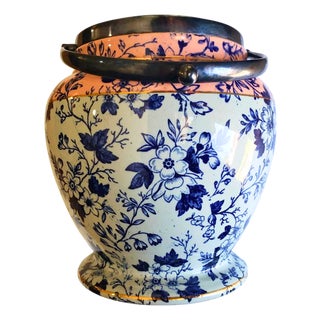 Antique English Staffordshire Style Flow Blue & Blush Biscuit Barrel, C. 1890 For Sale