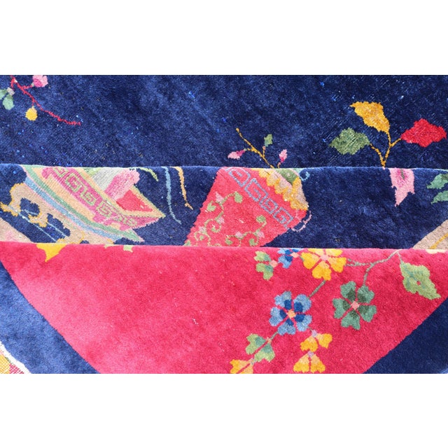 Large Antique Art Deco Rug in Deep Navy Blue With Vibrant Red Border For Sale - Image 12 of 13