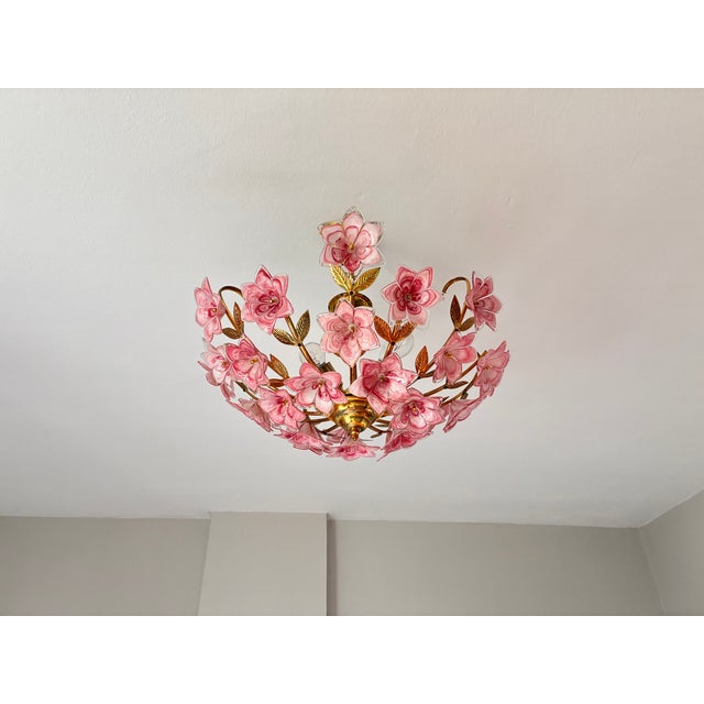 Vintage Murano Glass Floral Chandelier – Rare Deep Pink Flowers, Flush Mount For Sale - Image 16 of 18