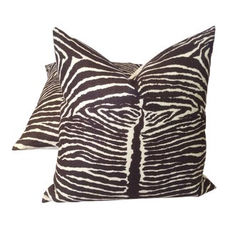 Brunschwig and Fils "Le Zebre" Charcoal Brown & Off-White Pillows - a Pair