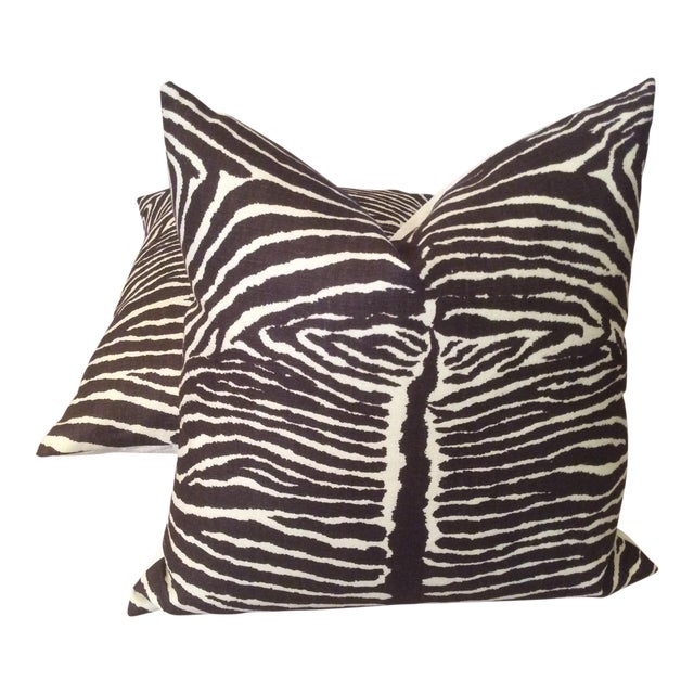 Brunschwig and Fils "Le Zebre" Charcoal Brown & Off-White Pillows - a Pair For Sale
