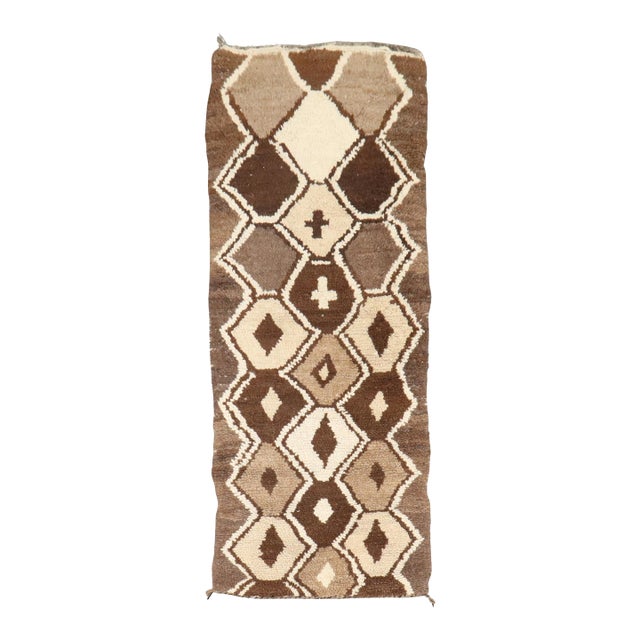 Vintage Zabihi Collection Brown Ivory Small Moroccan Runner - 2'5" x 5'8" For Sale