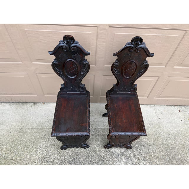 Antique 19th Century Italian Renaissance Hand Carved Walnut Hall Chairs, Pair For Sale - Image 4 of 10
