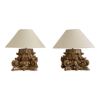 18th C Italian Column Lamps, With Linen Shades For Sale