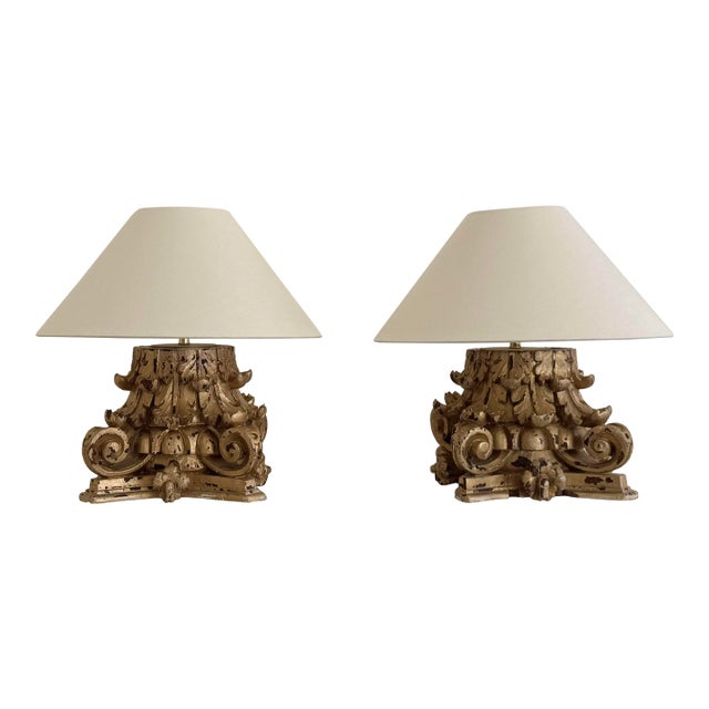 18th C Italian Column Lamps, With Linen Shades For Sale
