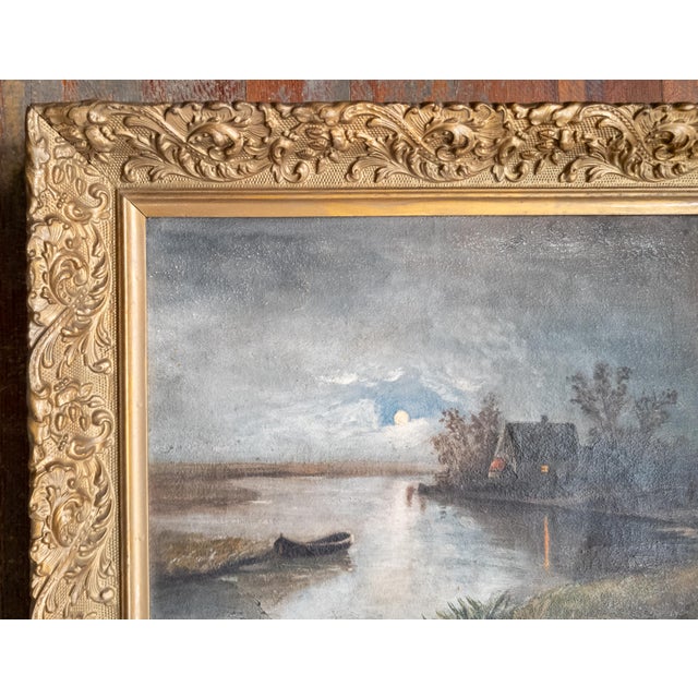 Farmhouse 19th Century Continental European Moonlit Nocturne Landscape Painting For Sale - Image 3 of 12