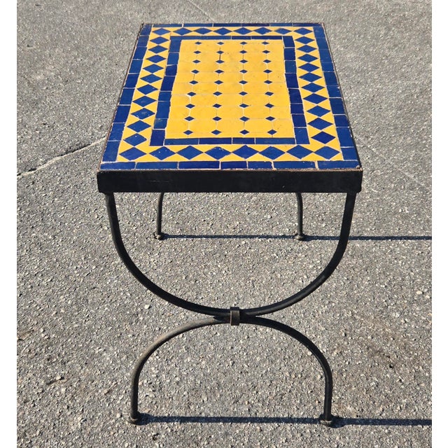 Handcrafted Moroccan Mosaic Tile Accent Table / Plant Stand – Blue & Yellow For Sale - Image 4 of 6