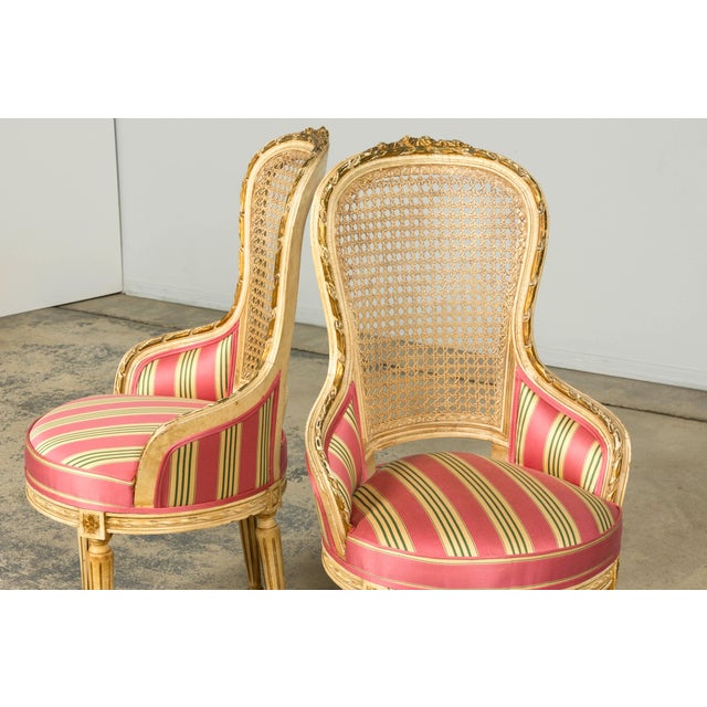 Wood Set of 6 Early 20th Century French Louis XVI Cane Dining Armchairs in Pink Stripe For Sale - Image 7 of 18