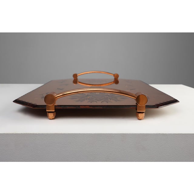 Art Deco Mirrored Glass and Copper Tray, Belgium, 1920s For Sale - Image 6 of 13