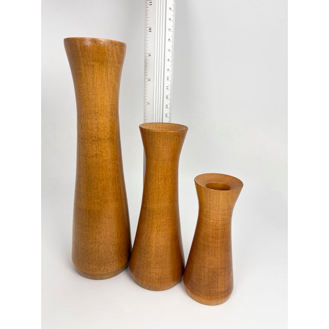 Brown Vintage MCM Set of 3 Turned Wood Tapered Candle Holders For Sale - Image 8 of 8