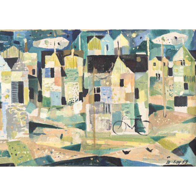 1959 Mid-Century Modern "Geometric Neighbourhood" Vintage Abstract Cityscape Oil Painting, Framed For Sale - Image 9 of 10