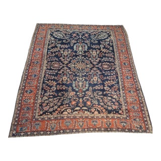Antique Persian Sarouk Rug – Navy Field With Floral Garden Design – 8’8” × 11’7” For Sale