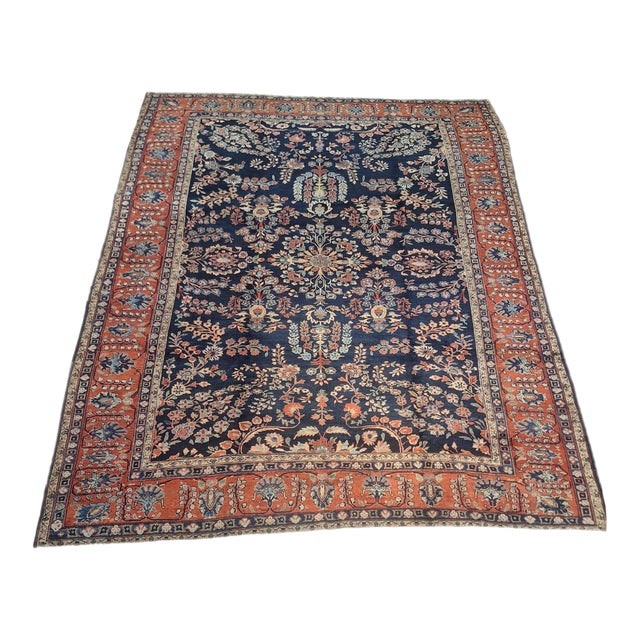 Antique Persian Sarouk Rug – Navy Field With Floral Garden Design – 8’8” × 11’7” For Sale