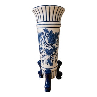 Vintage MCM Chinoiserie Hand Painted Footed Porcelain Vase For Sale