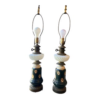 Mid 20th Century Hollywood Regency Green Ceramic and Brass Hurricane Table Lamps - a Pair For Sale