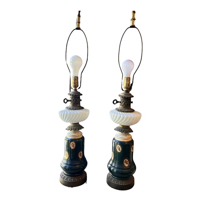 Mid 20th Century Hollywood Regency Green Ceramic and Brass Hurricane Table Lamps - a Pair For Sale
