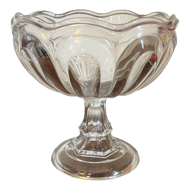 Small Scale Antique 19th Century American Flint Glass Footed Compote Fruit Bowl Raised Panel or Petal Pattern Circa 1850 For Sale