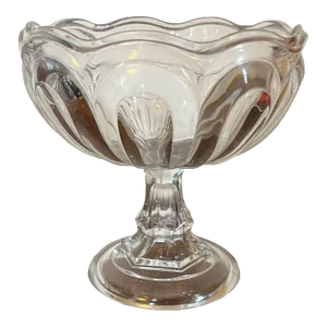 Small Scale Antique 19th Century American Flint Glass Footed Compote Fruit Bowl Raised Panel or Petal Pattern Circa 1850