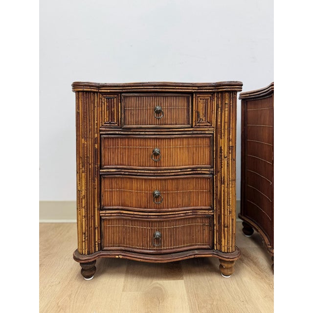 Vintage Nightstands Split Bamboo Reed Four Drawer British Colonial Pair Coastal Regency, Pair For Sale - Image 4 of 12