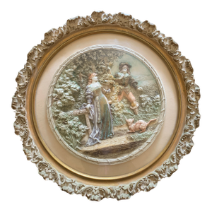 Antique Gold Frame 3D Romantic Couple Wall Sculpture Plaque Hand Painted Round European