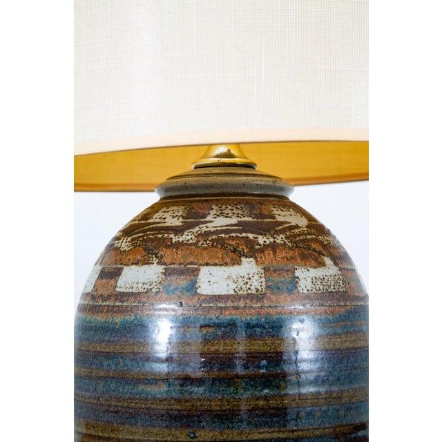 1960s Mid Century Modern Ceramic Blue Brown Glaze Table Lamp For Sale - Image 4 of 10