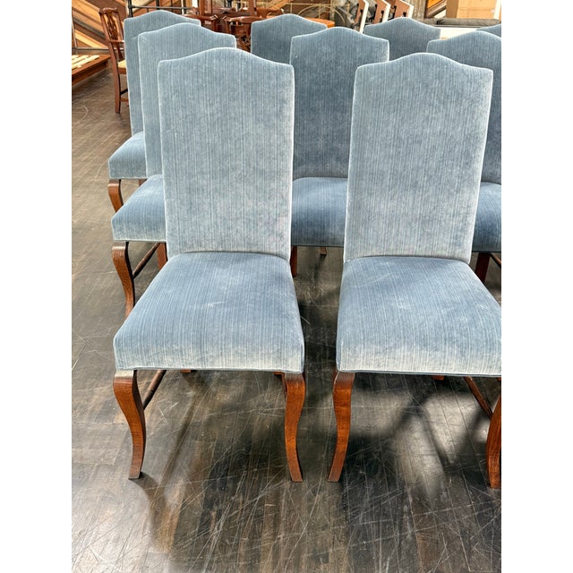 Bespoke Blue Velvet + Oak Wood Dining Chairs, Set of Twelve For Sale - Image 4 of 12