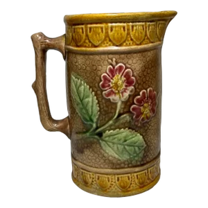 Antique 19th Century Majolica Pitcher / Jug Decorated With Pink Flowers - From the U K