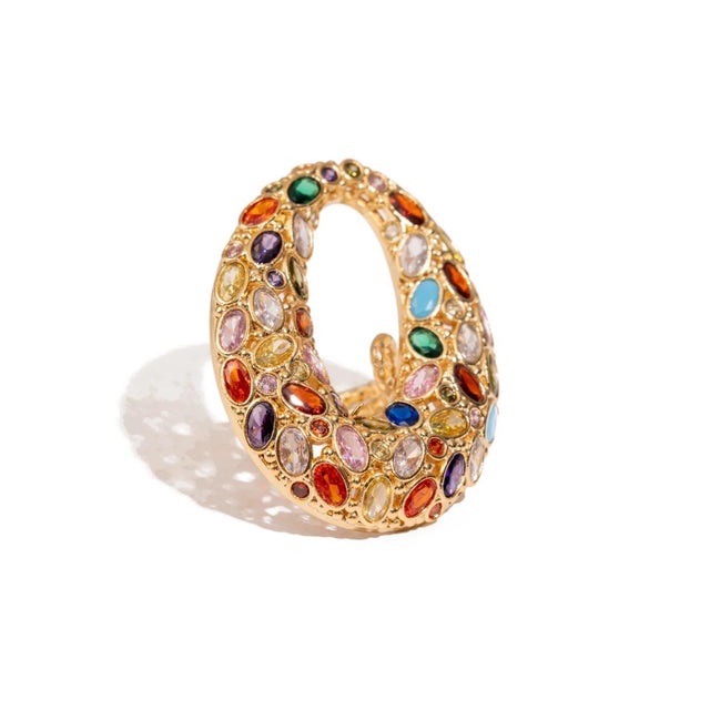 Metal Cosmic Aura Multi Gemstone Gold Adjustable Ring, Size 4 For Sale - Image 7 of 12