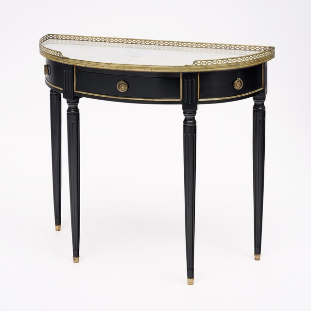 French Louis XVI Style Ebonized, Brass and Marble Demi-Lune Console Table For Sale - Image 4 of 9