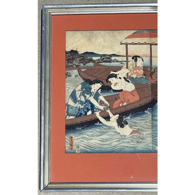 Blue Antique Woodblock Print Triptych Utagawa Kunisada (Toyokuni Iii), 1858, Framed For Sale - Image 8 of 12