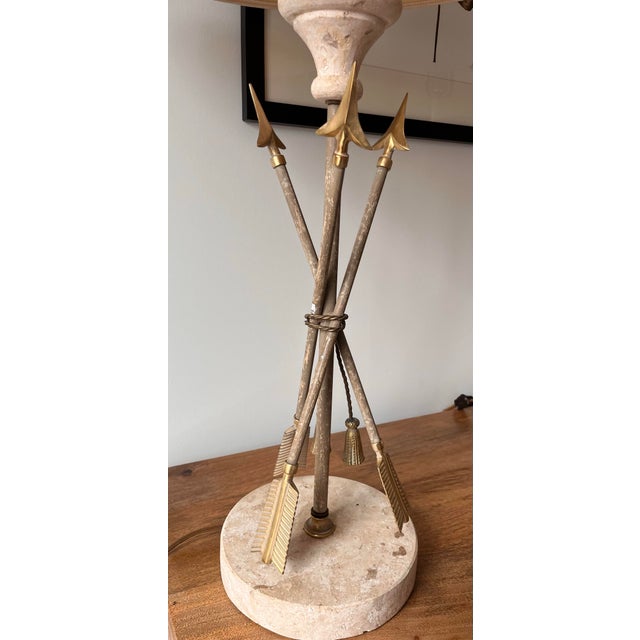 Mid 20th Century French Arrow & Tassel Lamps on Travertine Bases With Original Fabric Shades-a Pair For Sale - Image 4 of 12