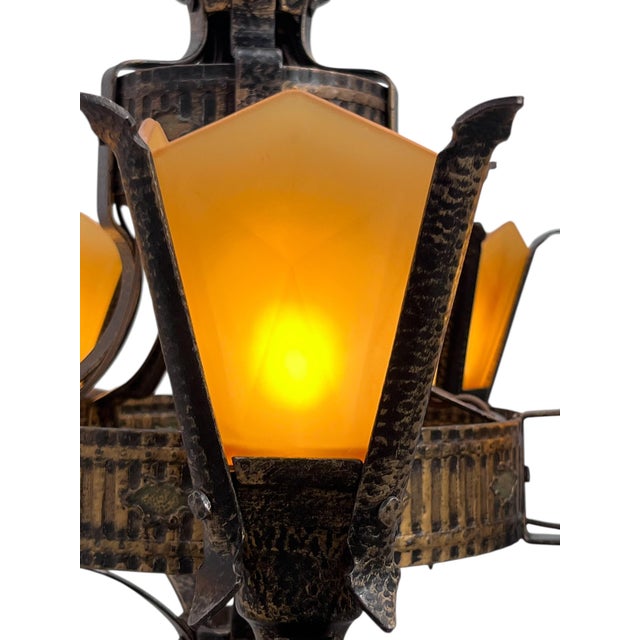 1930s Slip Shade Chandelier With Amber Glass Shades For Sale - Image 10 of 14