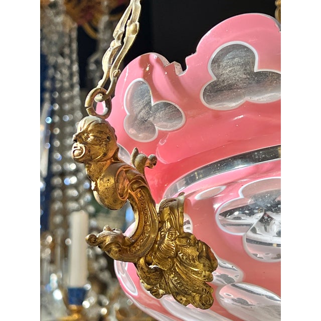 Antique Cased Pink Cut to White and Clear Glass and Bronze Chandelier For Sale - Image 10 of 12