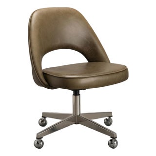 Saarinen Executive Armless Chair in Olive Italian Leather, Stainless Swivel Base For Sale