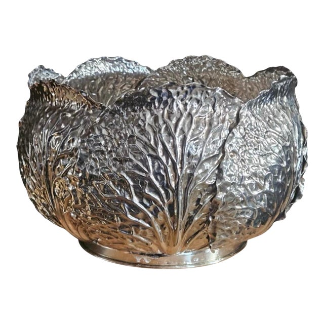 Tiffany & Co. Lg. Sterling Silver Bowl With Leaf Design & Crystal Liner For Sale