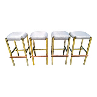 A Set of 4 Vintage Mid Century Modern California Co Brass and Wood Bar Stools For Sale