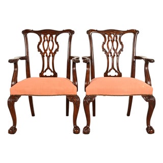 Baker Furniture Chippendale Carved Mahogany Armchairs, Pair For Sale