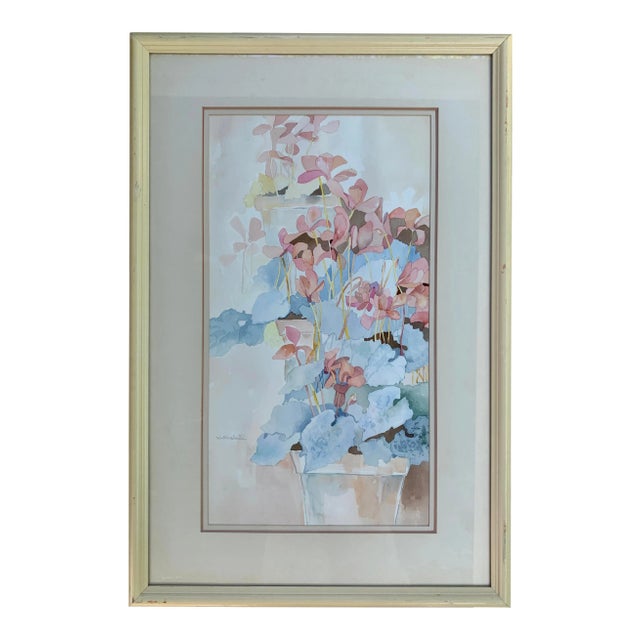 Potted Cyclamen Pastel Watercolor Painting by J. Marshall- Framed For Sale
