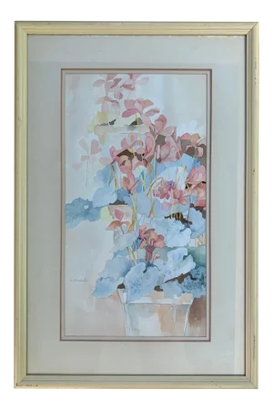 Potted Cyclamen Pastel Watercolor Painting by J. Marshall- Framed