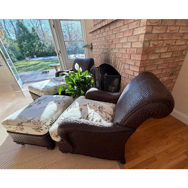 A Pair of Custom Lounge Chairs and Ottoman Set by Mark Hampton for Hickory Chair Upholstered in Colefax & Fowler For Sale - Image 13 of 18