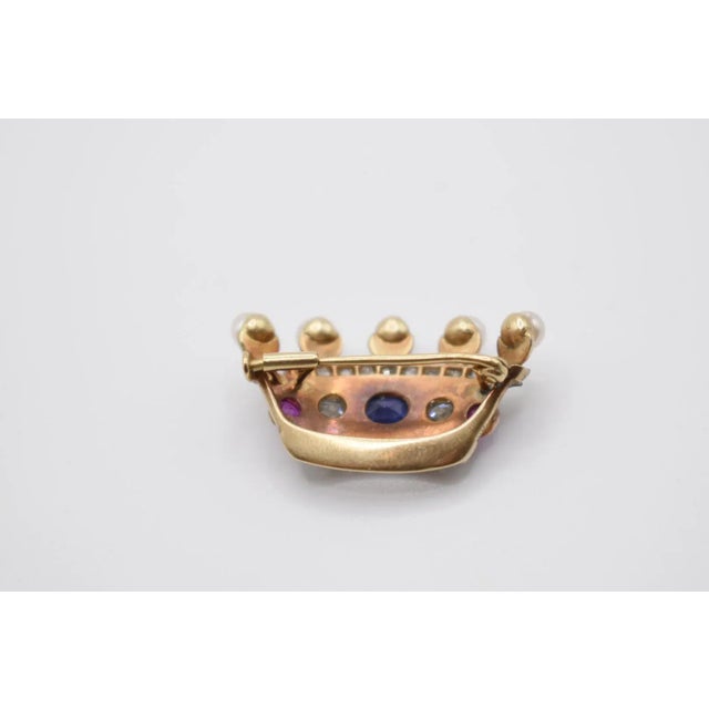 Gold Antique Pearl, Ruby, Sapphire and Diamond Crown Brooch For Sale - Image 8 of 9