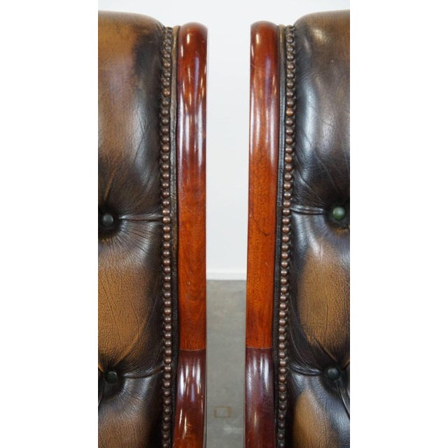 Set of Set of Vintage English Chesterfield Armchairs in Green Cowhide and Wood For Sale - Image 11 of 15