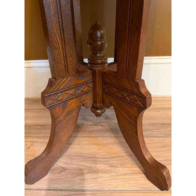 Wood Antique Eastlake Victorian Oak Parlor Side Table With Carved Pedestal Base and Acorn Finial For Sale - Image 7 of 15
