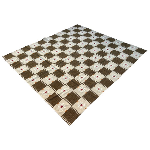 Handwoven New Zealand Wool, Natural Vegetable Dyed, Brown, Cream, Red And Mustard Geometric Patterned Indian Rug- 9'x12'...